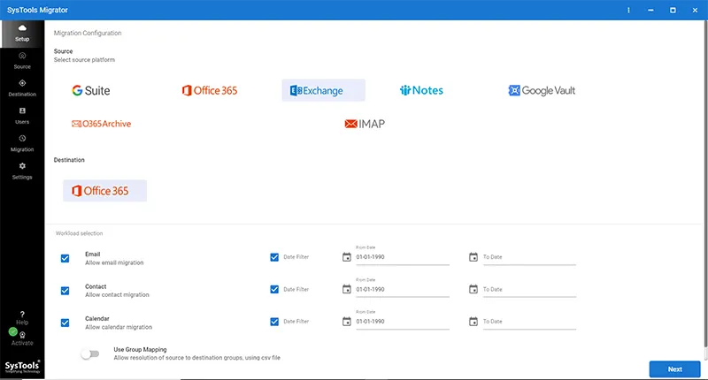 Select “Exchange” as a source platform and “Office 365” as destination platform.